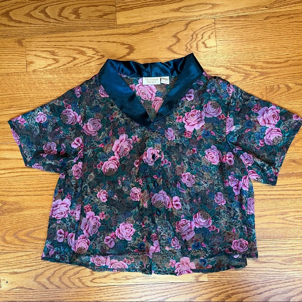 Vintage Victoria’s Secret Gold Label Button Up Top Women’s M Teal w/ Pink Floral